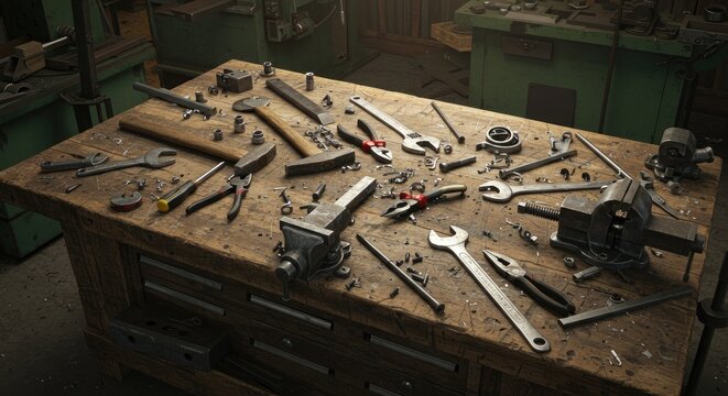 Workshop workbench with tools overhead view for design and industry concepts