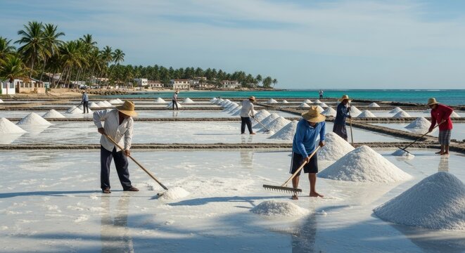 Workers harvesting salt on a sunny beach.