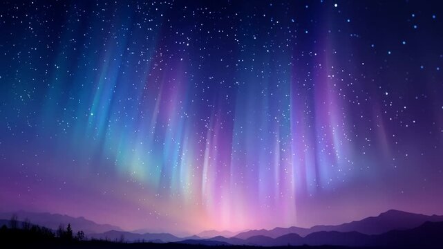 Aurora borealis dancing with glowing waves over dark silhouette horizon in fantasy night sky