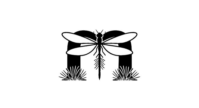 Black and white dragonfly illustration with grass details.