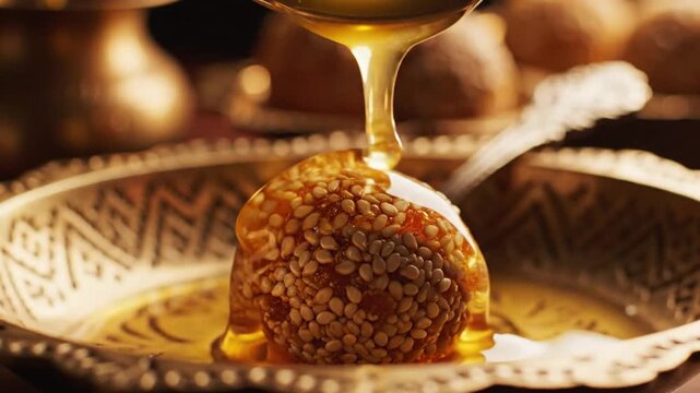 Golden honey pouring on sesame ball.