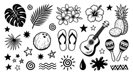 Tropical hawaiian theme graphic icon set for summer design projects with tropical hawaiian pineapple flipflops vacation graphics paradise © Kazi Imrul Kayes
