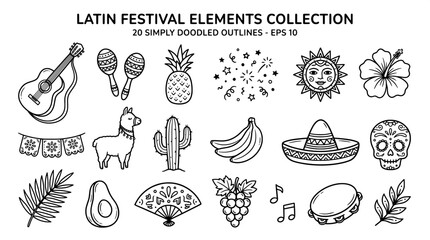 Latin festival elements collection featuring hand-drawn doodle icons of traditional cultural symbols and tropical motifs for party and celebration © Kazi Imrul Kayes
