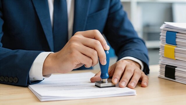 Executive stamping official documents in office, close-up of hand pressing blue rubber stamp on paper stack, legal authorization process, bureaucratic workflow