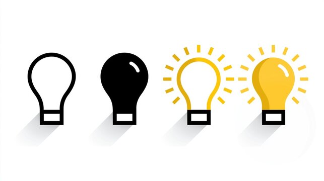 Four evolving lightbulb icons changing from black outline to glowing yellow showing concept of idea generation innovation and creative thinking process