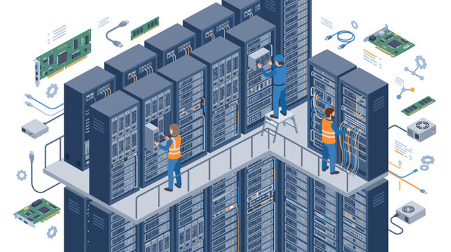 Tech workers assembling server racks in a data center with floating money around, depicting finance and infrastructure integration.