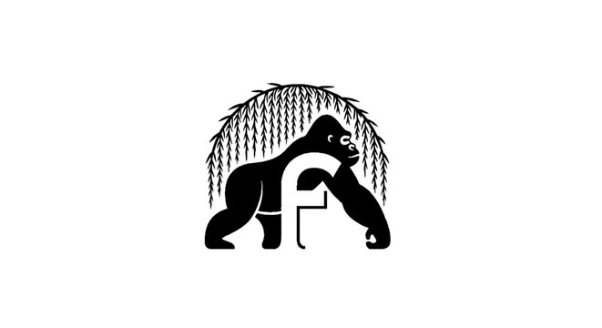 Gorilla sitting under willow tree silhouette logo.