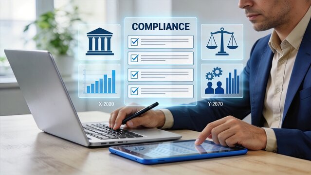 Compliance checklist and legal regulations concept, corporate governance and risk management, financial auditing process, business law adherence