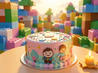 Fototapeta premium Colorful birthday cake decorated with cartoon children figures surrounded by pastel building blocks.