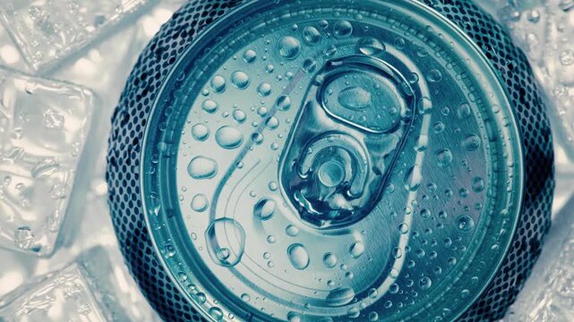 Top view of chilled aluminum soda can surface covered in condensation droplets surrounded by clear ice cubes on cold background.