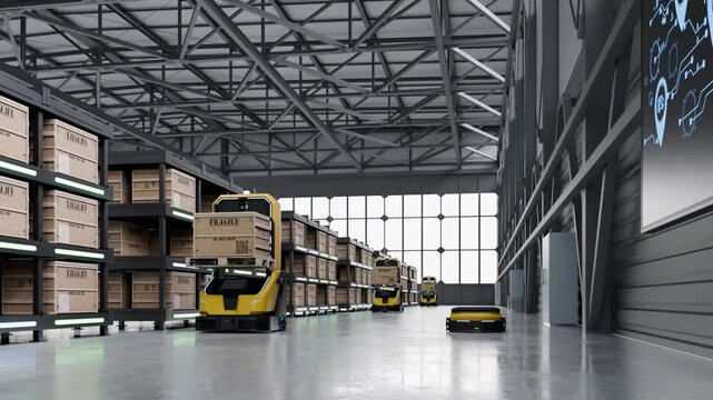 Smart automated warehouse with autonomous robots and digital screen for advanced logistics and supply chain management- 3D rendering