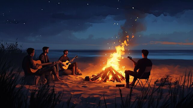 Night beach bonfire acoustic guitar music friends