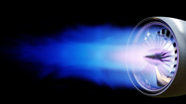 Powerful jet engine turbine with glowing blue flame for aviation aerospace and high speed technology concepts- 3D rendering