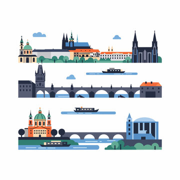 Colorful illustration of Prague landmarks and river scene.