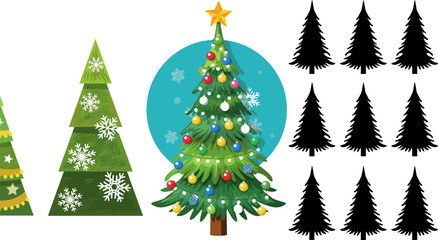 Obraz premium Christmas tree set with flat geometric design, decorated realistic pine with colorful baubles and star plus black silhouette collection on backgrounds