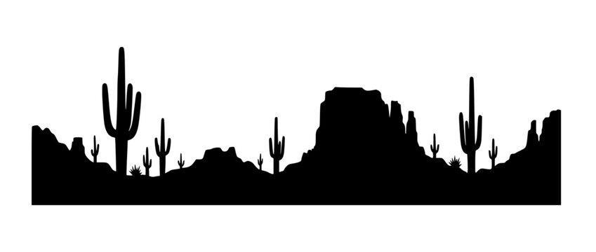 Wild West Desert Landscape Silhouette with Saguaro Cacti and Mesas