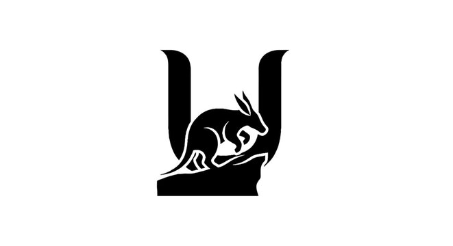 Black and white illustration of a rabbit in a U shape.
