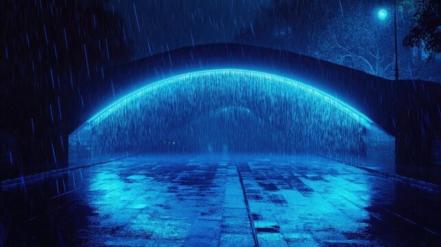 Neon arch bridge rain night scene