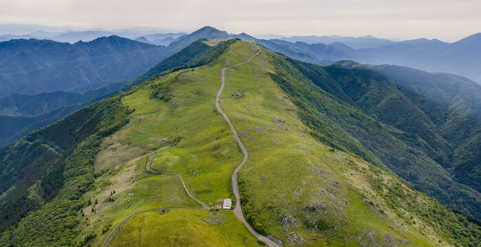 Aerial View of the Rolling Grasslands and Ridge Road of Shikoku Karst