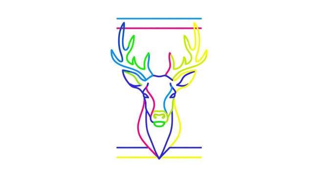 Colorful Line Art Deer Head with Antlers, Abstract Geometric Animal Portrait