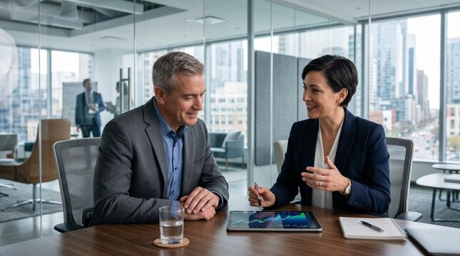 Business meeting between two professionals in a modern office with city view in the background during daytime
