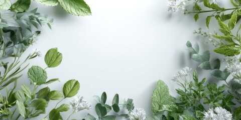 Fototapeta premium Green leaves and white flowers frame on a white background for design elements