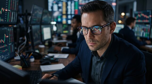 Focus on stock trading at a busy financial firm during late hours of the workday with multiple screens showing market data