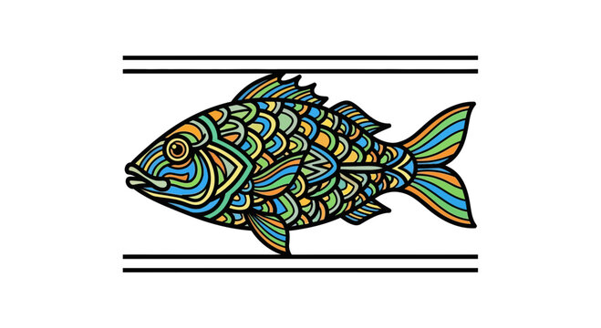 Colorful ornamental fish illustration with abstract patterns, vibrant colors, isolated on white background