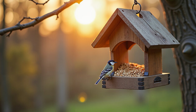 Blue tit bird feeding at sunset near a birdhouse