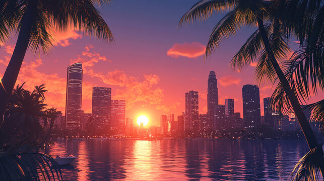 Vibrant Miami Skyline at Sunset with Palm Trees and Reflecting Water