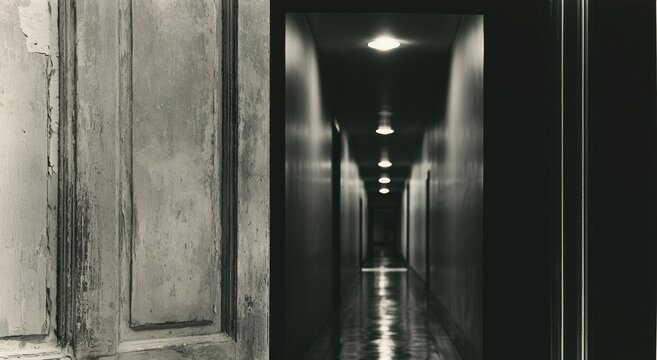 Dimly lit, long corridor with peeling paint and repeating ceiling lights
