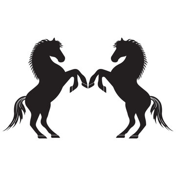 Two Rearing Horses Symmetrical Silhouette Illustration, Elegant Heraldic Equine Design
