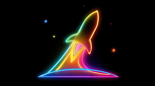 Vibrant neon rocket launch against a dark, star-speckled background