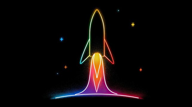 Vibrant neon rocket blasting off against a dark, starry background