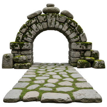 Ancient stone archway with mossy cobblestone path, medieval garden gate entrance, weathered rock portal isolated on white background