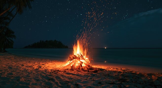 A crackling bonfire on a tranquil beach under a starlit night sky