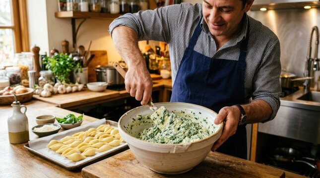 A chef folding ricotta and Parmesan into a large bowl of spinach and eggs for stuffed shells or manicotti. The mixture is pale green, creamy. The chef's hands mix gently.
