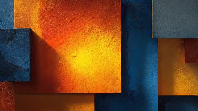 Abstract composition of textured squares in shades of orange, yellow, and blue. Overlapping