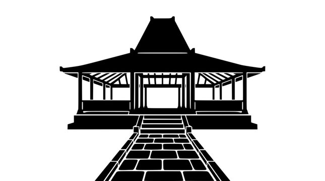 Silhouette of a Traditional Javanese Joglo House and Stone Path Illustration