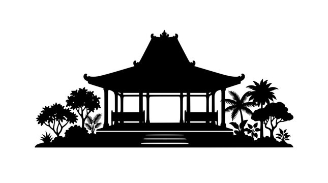 Silhouette of Traditional Indonesian Javanese Joglo Pavilion with Tropical Trees