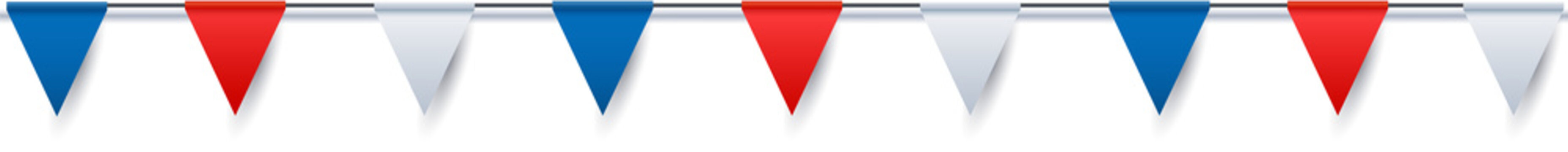 Red white and blue bunting flags garland, isolated on transparent background