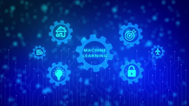 Machine learning concept with interconnected gears and representing business innovation security finance and transportation on a vibrant blue abstract background with bokeh lights