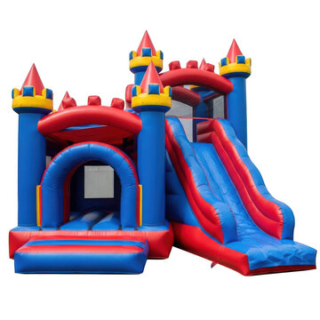 Inflatable bouncy castle with slide, colorful blue and red bounce house for kids party, outdoor inflatable playground equipment isolated on white