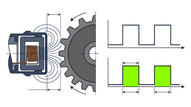 Working principle diagram of an inductive proximity sensor measuring gear rotation speed with output pulse signal waves