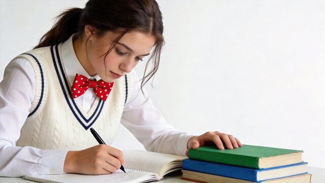 Focused teenage girl student studying at desk, writing notes in notebook with pen, stack of textbooks nearby