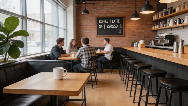 Modern coffee shop interior with wooden counter and brick wall, group of friends sitting at table talking and drinking beverages