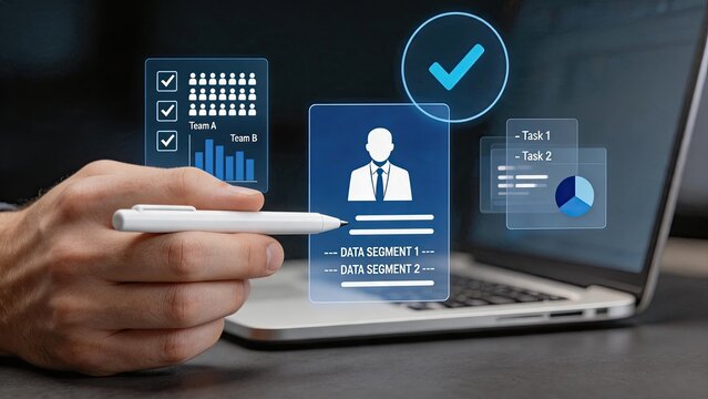 Hand holding stylus selecting data segment profile on futuristic holographic display above laptop, illustrating big data analytics, user segmentation