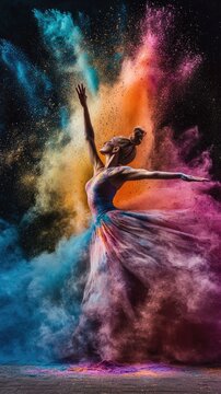 Colorful powder explosion, dancer in flowing dress