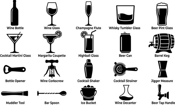 Set of bar and beverage icons featuring alcoholic drinks, glassware, bartending tools and accessories. Professional cocktail making equipment and serving utensils for restaurant menu design