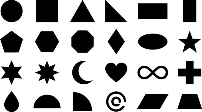 Set of basic geometric shapes and symbols in black silhouette. Collection of common signs for education, design elements and graphic interface icons.